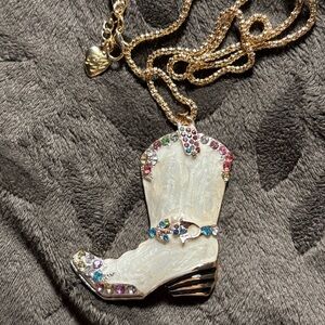 Cowboy Boot Necklace, NWT, 28” chain, White with multi colored crystals